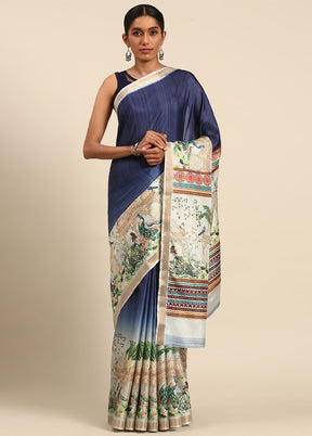 Navy Blue Cotton Saree With Blouse Piece