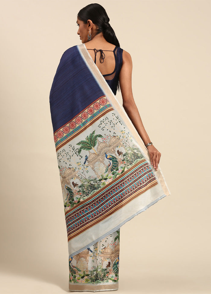 Navy Blue Cotton Saree With Blouse Piece