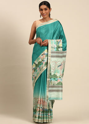 Turquoise Cotton Saree With Blouse Piece