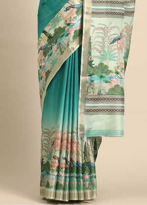 Turquoise Cotton Saree With Blouse Piece