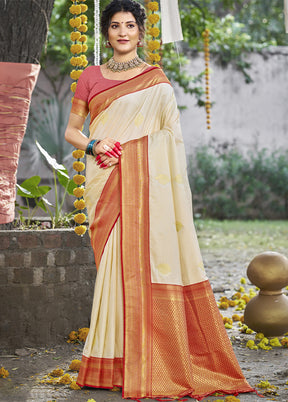 Cream Dupion Silk Saree With Blouse Piece