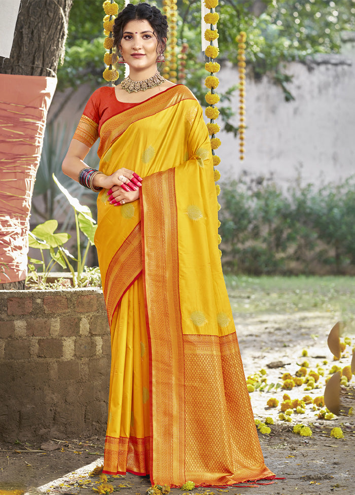 Yellow Dupion Silk Saree With Blouse Piece