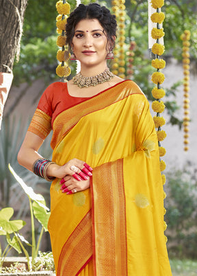 Yellow Dupion Silk Saree With Blouse Piece