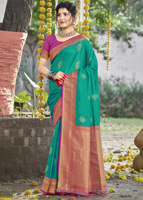 Teal Green Dupion Silk Saree With Blouse Piece