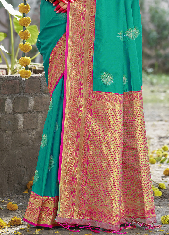 Teal Green Dupion Silk Saree With Blouse Piece