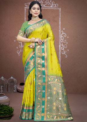 Parrot Green Dupion Silk Saree With Blouse Piece