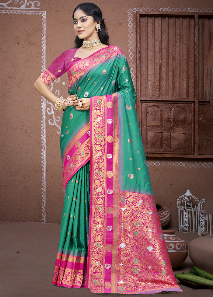 Teal Green Dupion Silk Saree With Blouse Piece