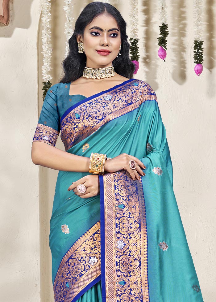 Sky Blue Dupion Silk Saree With Blouse Piece