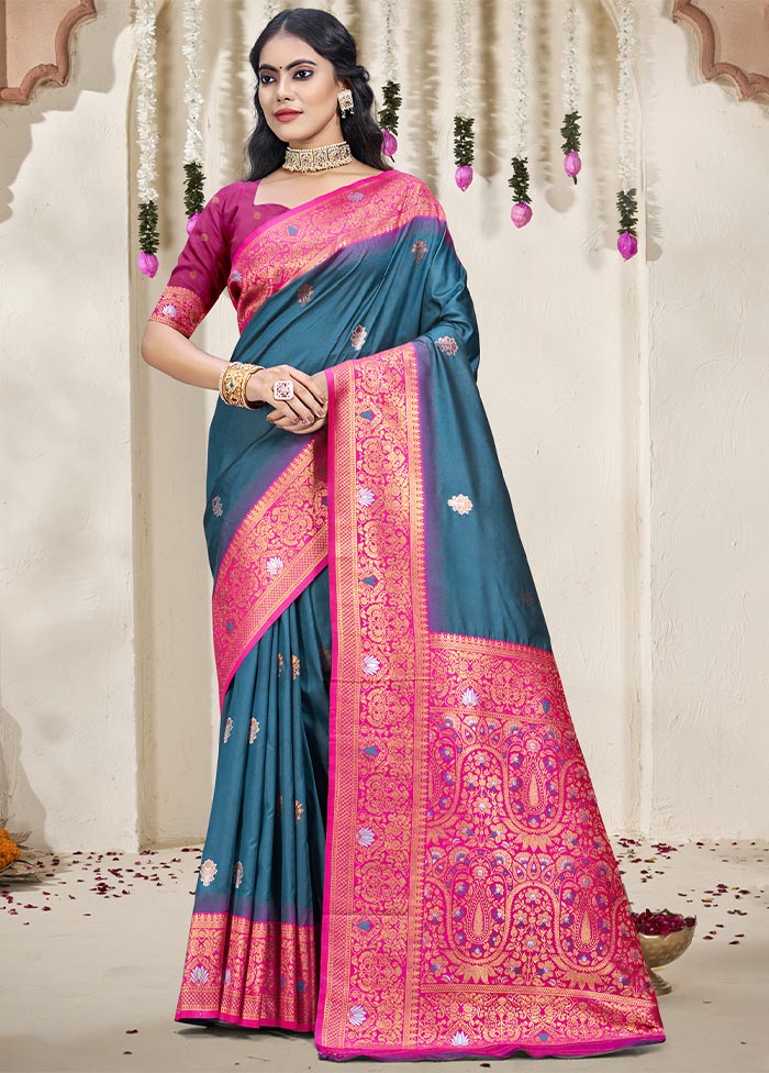 Rama Dupion Silk Saree With Blouse Piece