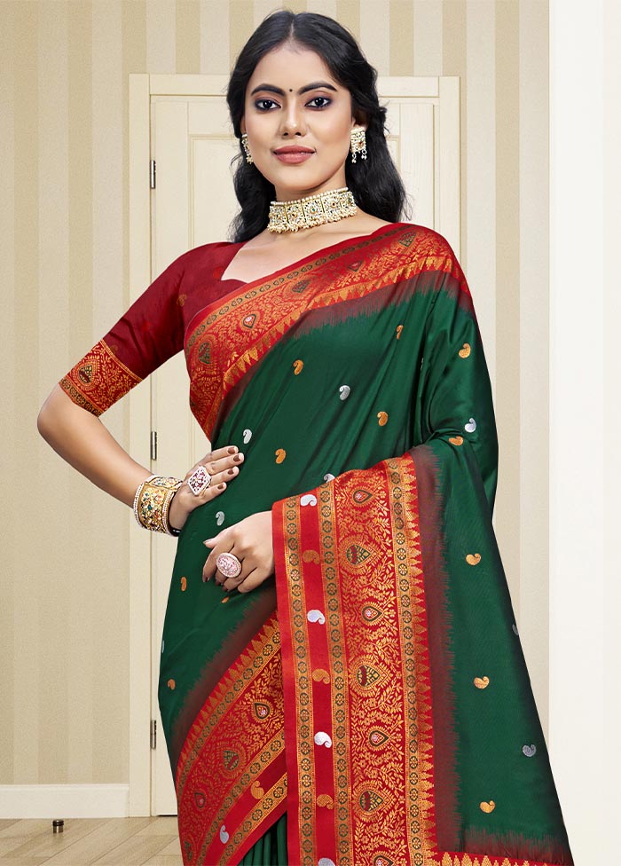 Bottle Green Dupion Silk Saree With Blouse Piece