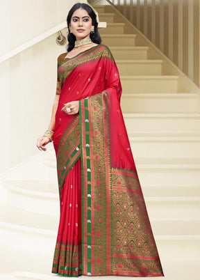 Dark Pink Dupion Silk Saree With Blouse Piece