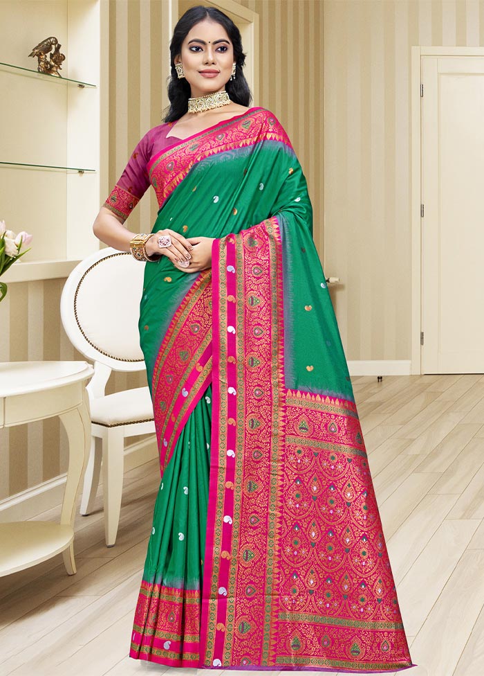 Teal Green Dupion Silk Saree With Blouse Piece