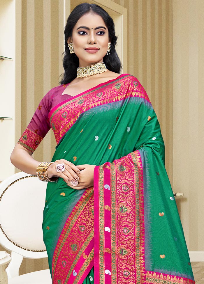 Teal Green Dupion Silk Saree With Blouse Piece