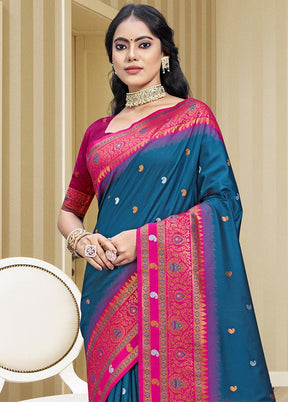 Blue Dupion Silk Saree With Blouse Piece