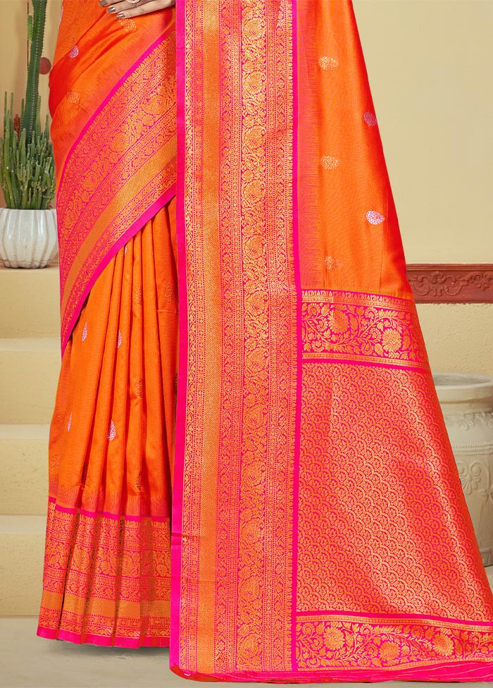 Orange Dupion Silk Saree With Blouse Piece