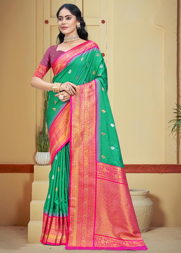 Teal Green Dupion Silk Saree With Blouse Piece