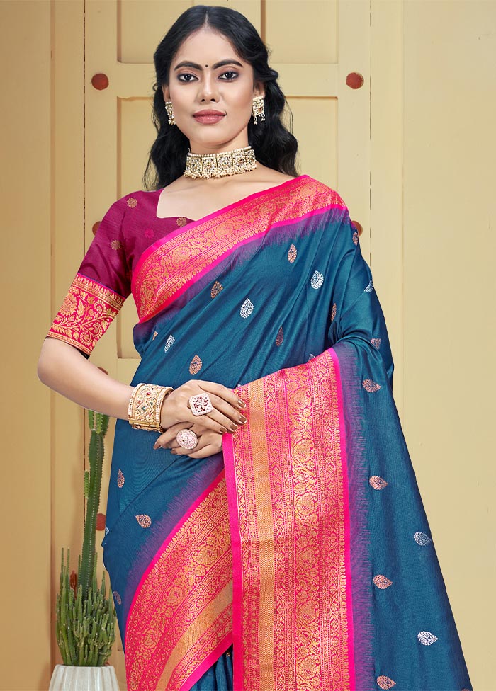 Blue Dupion Silk Saree With Blouse Piece