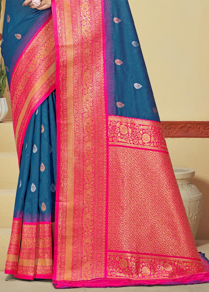 Blue Dupion Silk Saree With Blouse Piece