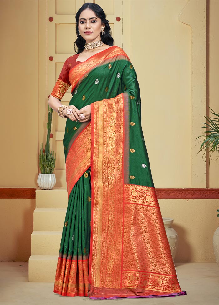 Dark Green Dupion Silk Saree With Blouse Piece