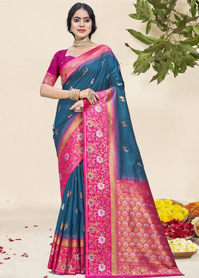 Blue Dupion Silk Saree With Blouse Piece