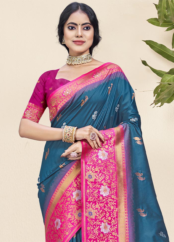 Blue Dupion Silk Saree With Blouse Piece