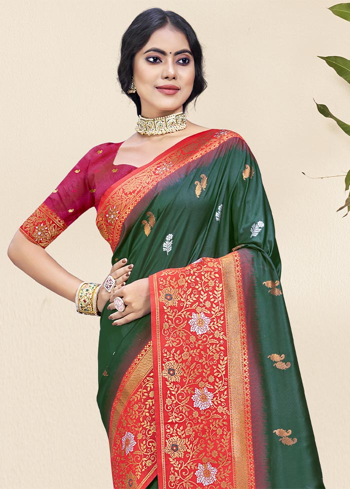 Bottle Green Dupion Silk Saree With Blouse Piece