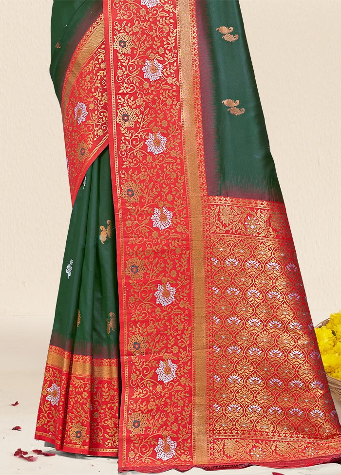 Bottle Green Dupion Silk Saree With Blouse Piece