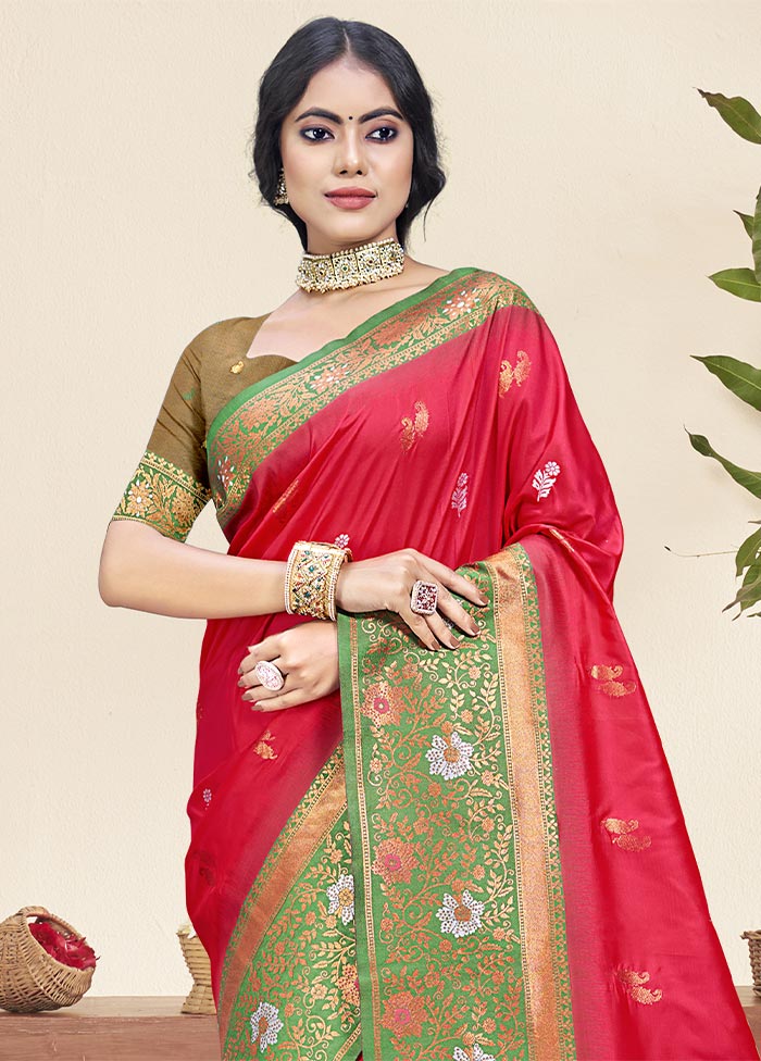 Dark Pink Dupion Silk Saree With Blouse Piece