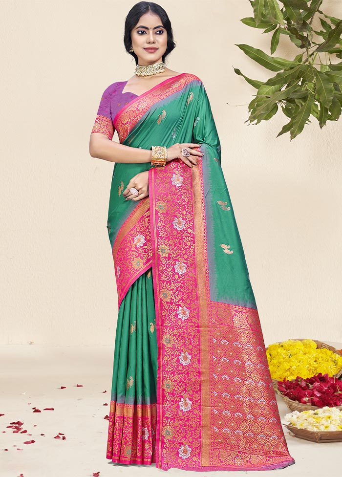 Teal Green Dupion Silk Saree With Blouse Piece