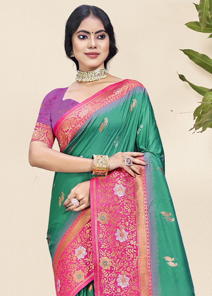 Teal Green Dupion Silk Saree With Blouse Piece