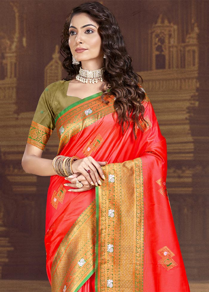 Red Dupion Silk Saree With Blouse Piece