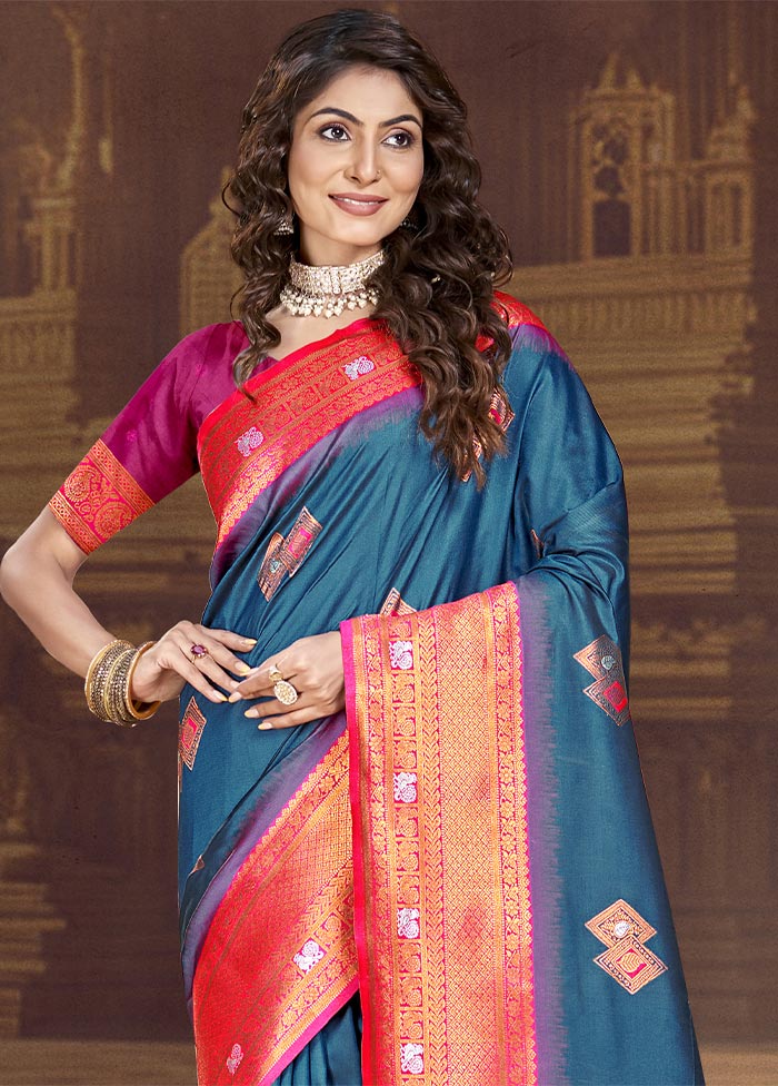 Blue Dupion Silk Saree With Blouse Piece