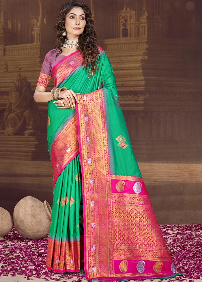 Teal Green Dupion Silk Saree With Blouse Piece