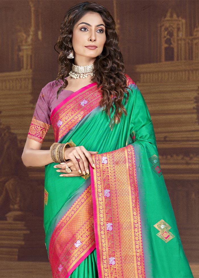 Teal Green Dupion Silk Saree With Blouse Piece