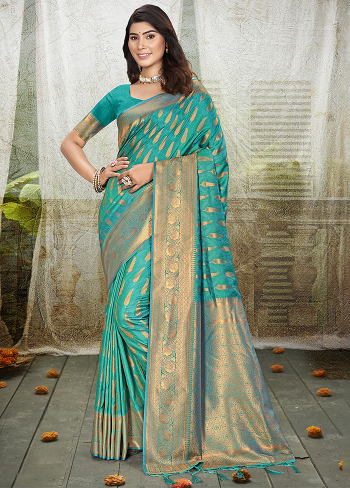 Turquoise Spun Silk Saree With Blouse Piece