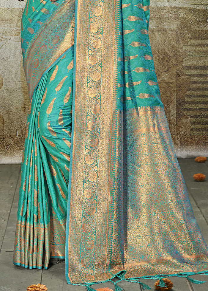 Turquoise Spun Silk Saree With Blouse Piece