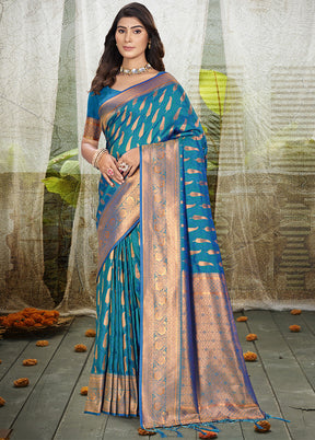 Sky Blue Spun Silk Saree With Blouse Piece