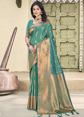 Sea Green Spun Silk Saree With Blouse Piece