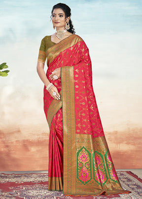 Dark Pink Dupion Silk Saree With Blouse Piece