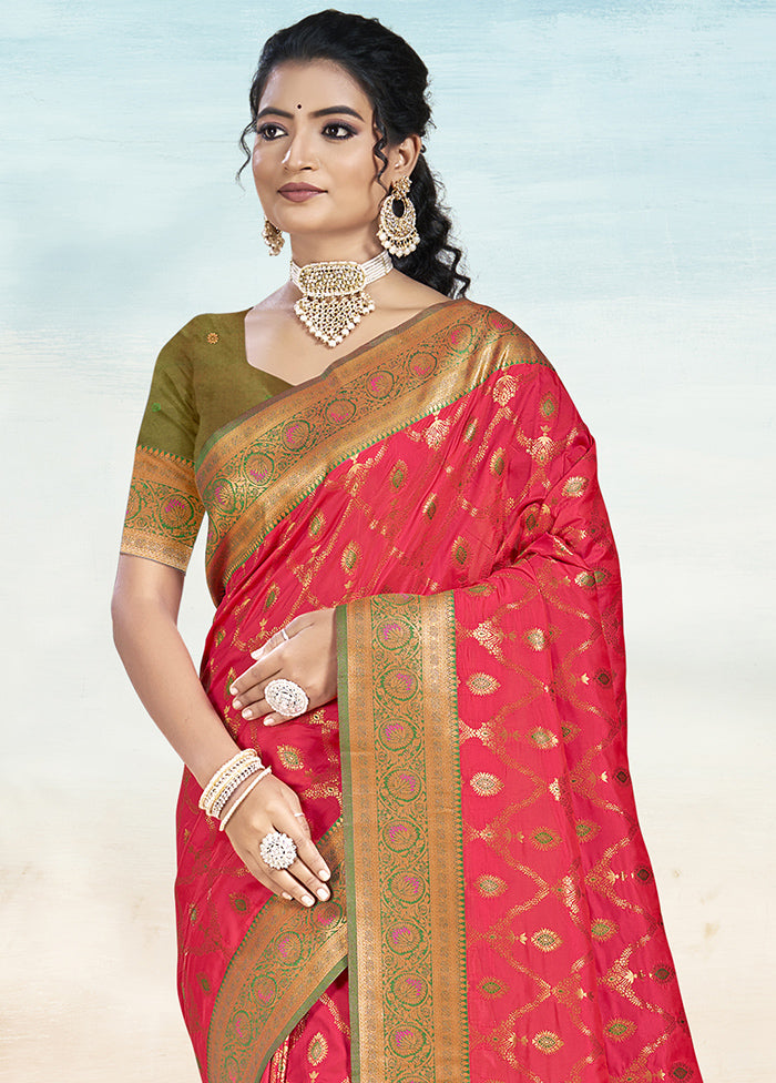 Dark Pink Dupion Silk Saree With Blouse Piece