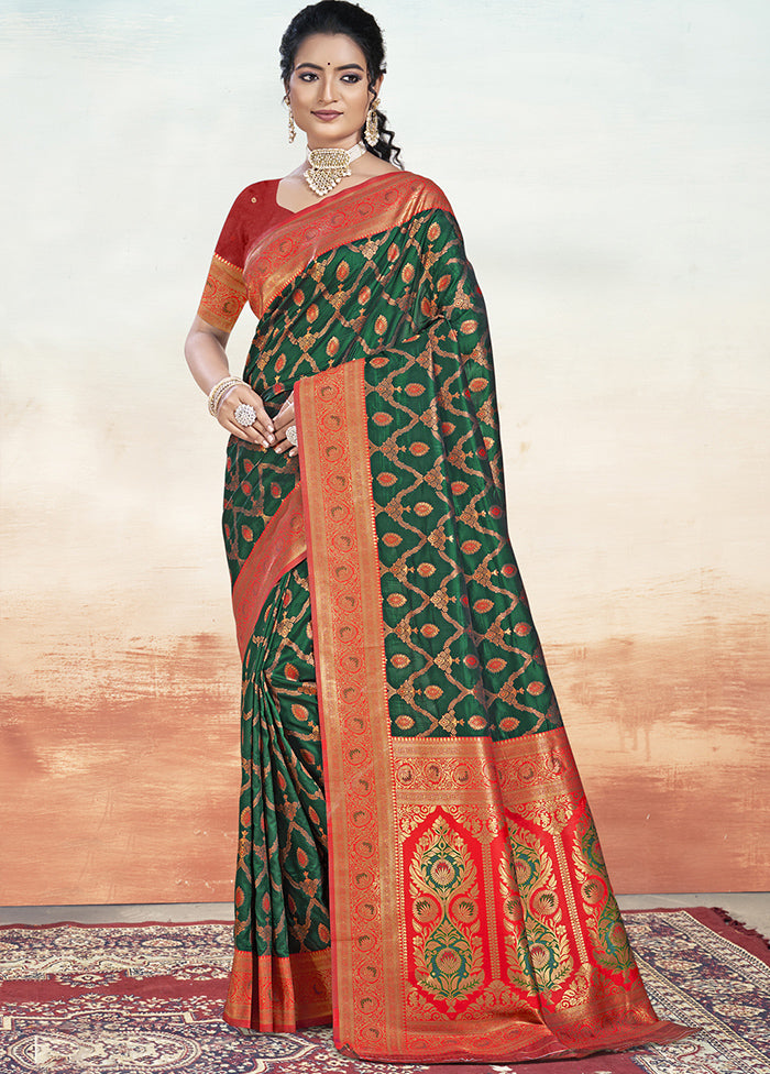 Bottle Green Dupion Silk Saree With Blouse Piece