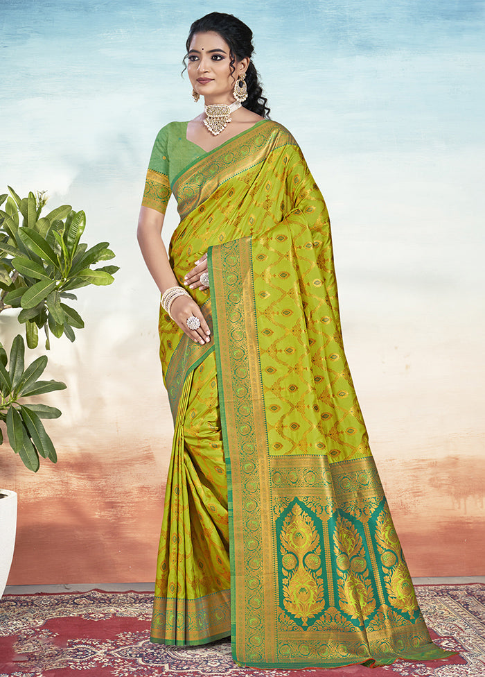 Olive Green Dupion Silk Saree With Blouse Piece