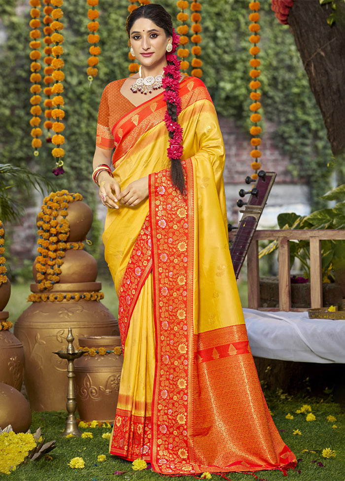 Yellow Dupion Silk Saree With Blouse Piece