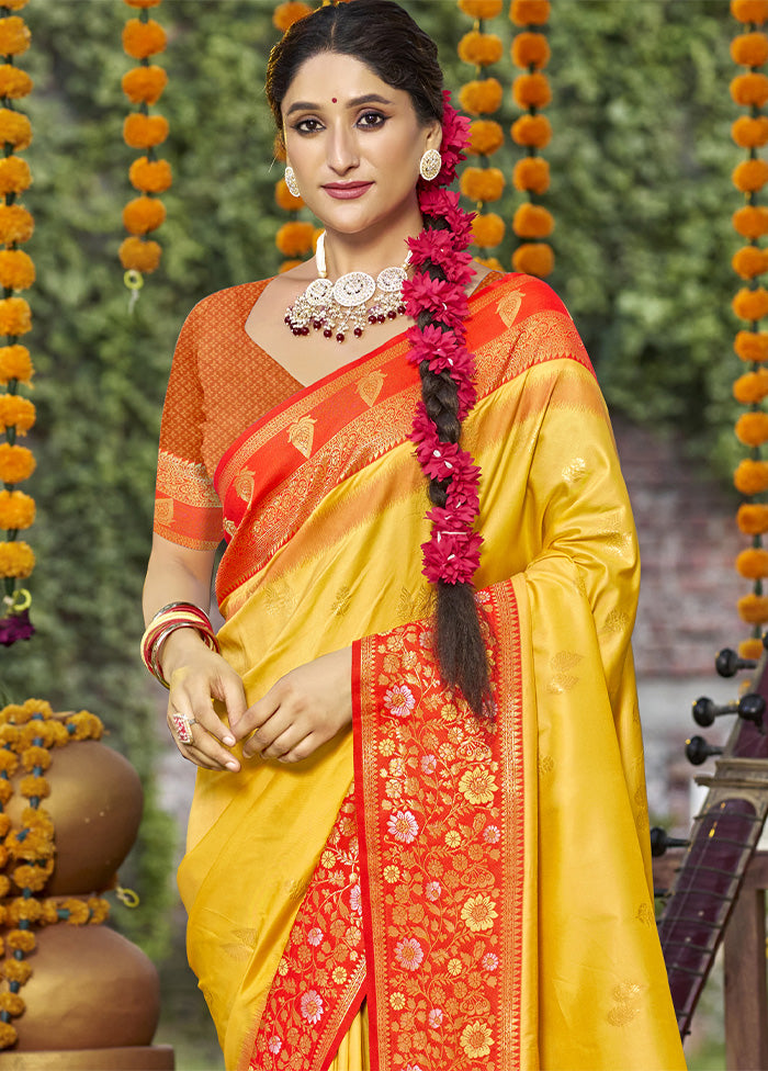 Yellow Dupion Silk Saree With Blouse Piece