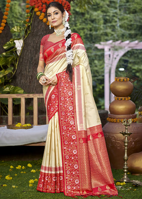 Cream Dupion Silk Saree With Blouse Piece