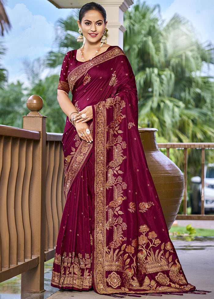 Magenta Dupion Silk Saree With Blouse Piece