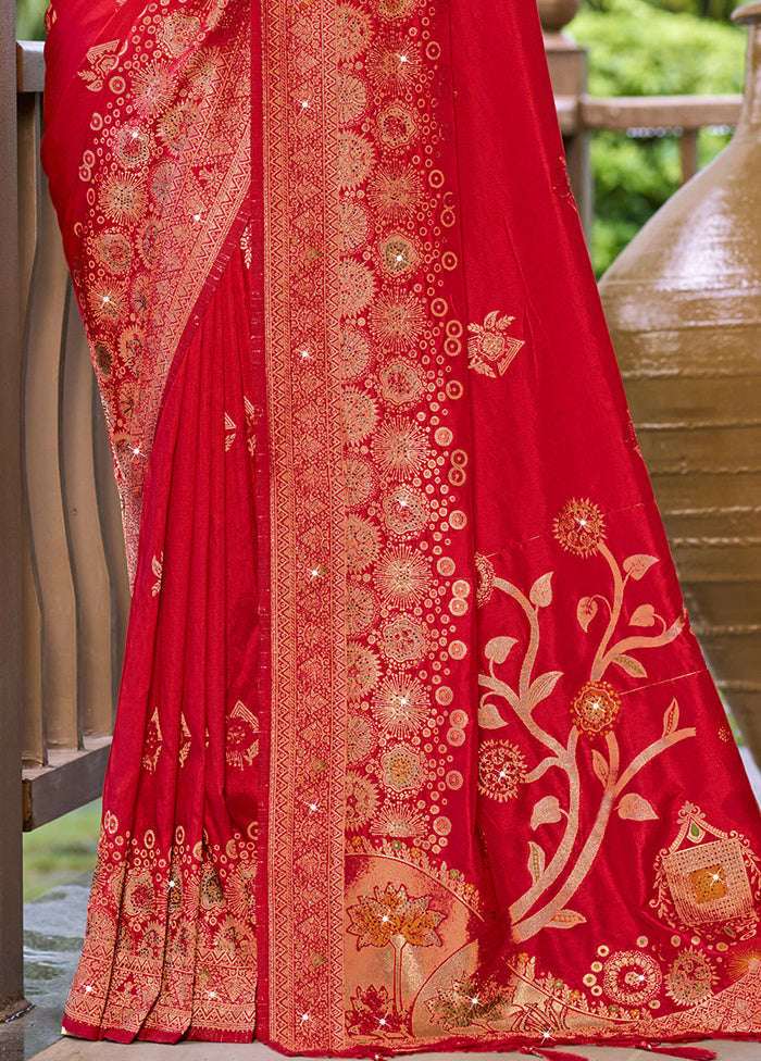 Red Dupion Silk Saree With Blouse Piece