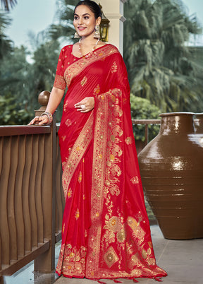 Red Dupion Silk Saree With Blouse Piece