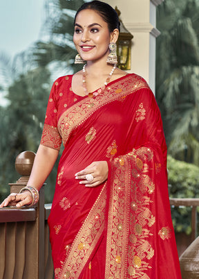 Red Dupion Silk Saree With Blouse Piece