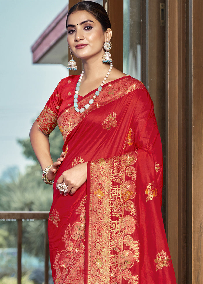 Red Dupion Silk Saree With Blouse Piece